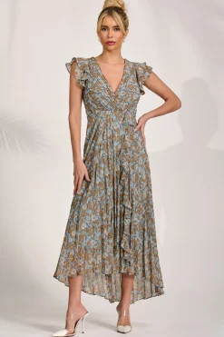Jolie Moi Maxi Dresses-Pleated Chiffon Dip Hem Maxi Dress, Blue Floral