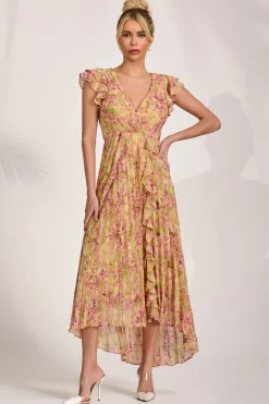 Jolie Moi Floral Dresses|Maxi Dresses-Pleated Chiffon Dip Hem Maxi Dress, Purple Floral