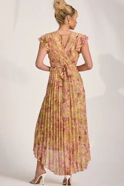Jolie Moi Floral Dresses|Maxi Dresses-Pleated Chiffon Dip Hem Maxi Dress, Purple Floral