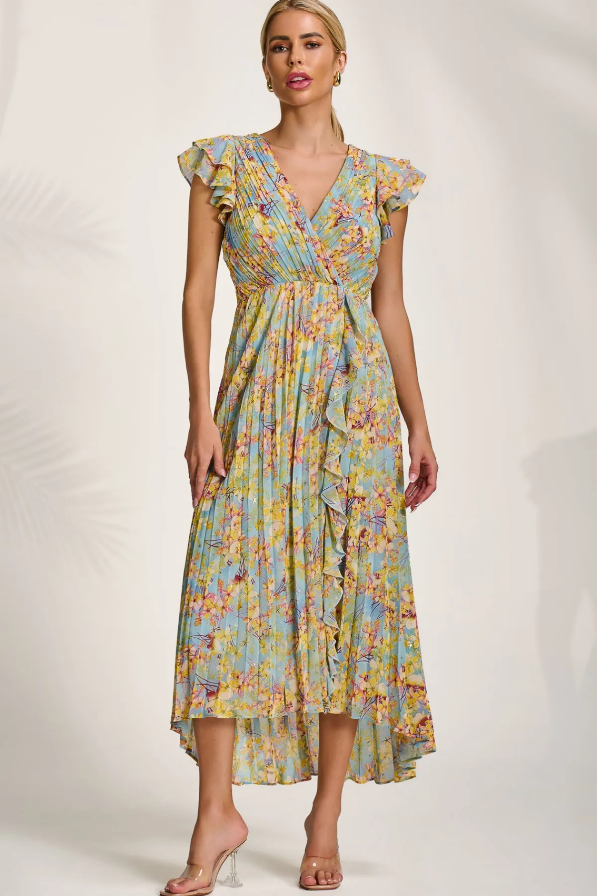 Jolie Moi Weekend Casuals|Maxi Dresses-Pleated Chiffon Dip Hem Maxi Dress, Yellow Floral