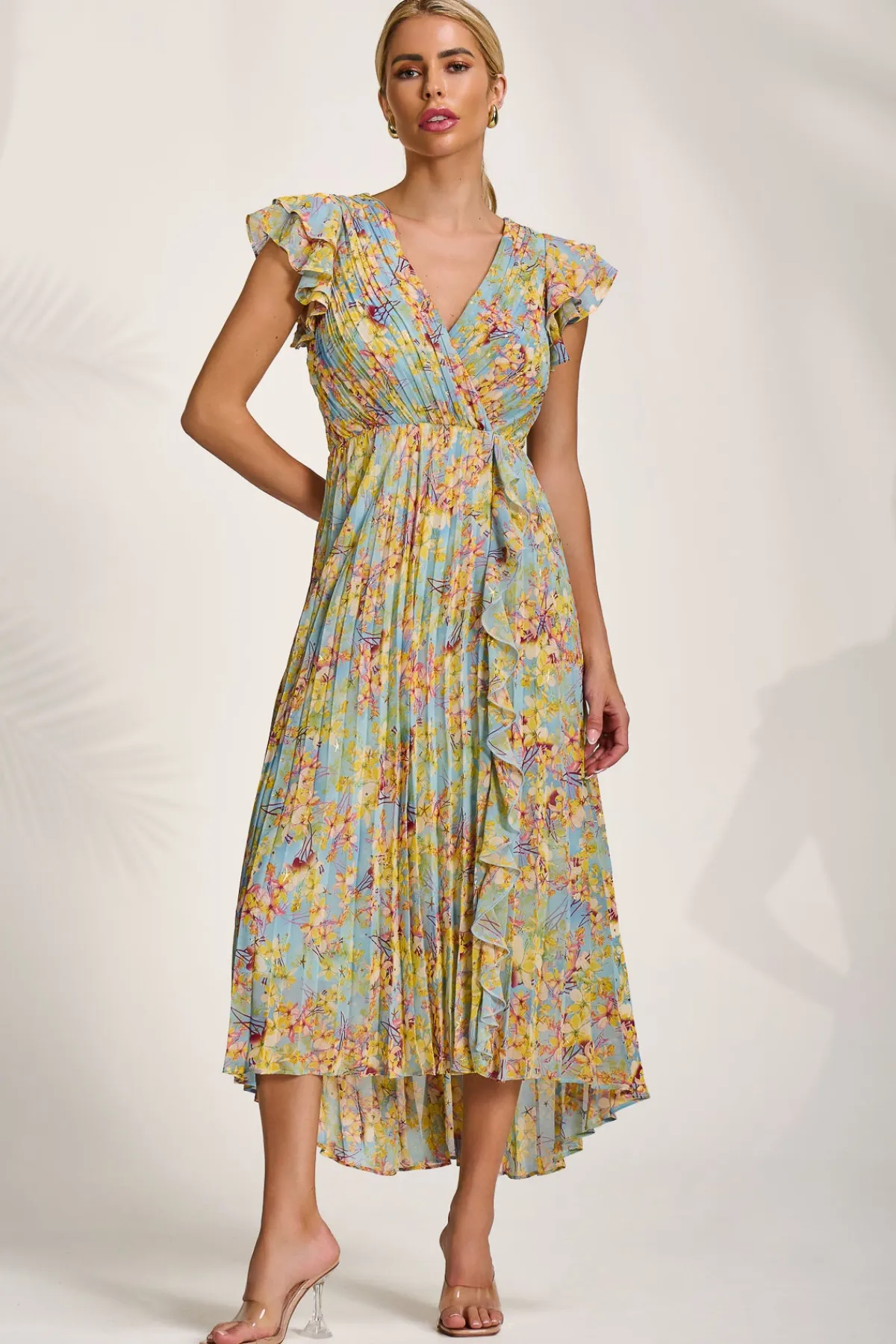 Jolie Moi Weekend Casuals|Maxi Dresses-Pleated Chiffon Dip Hem Maxi Dress, Yellow Floral