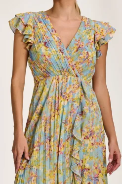 Jolie Moi Weekend Casuals|Maxi Dresses-Pleated Chiffon Dip Hem Maxi Dress, Yellow Floral