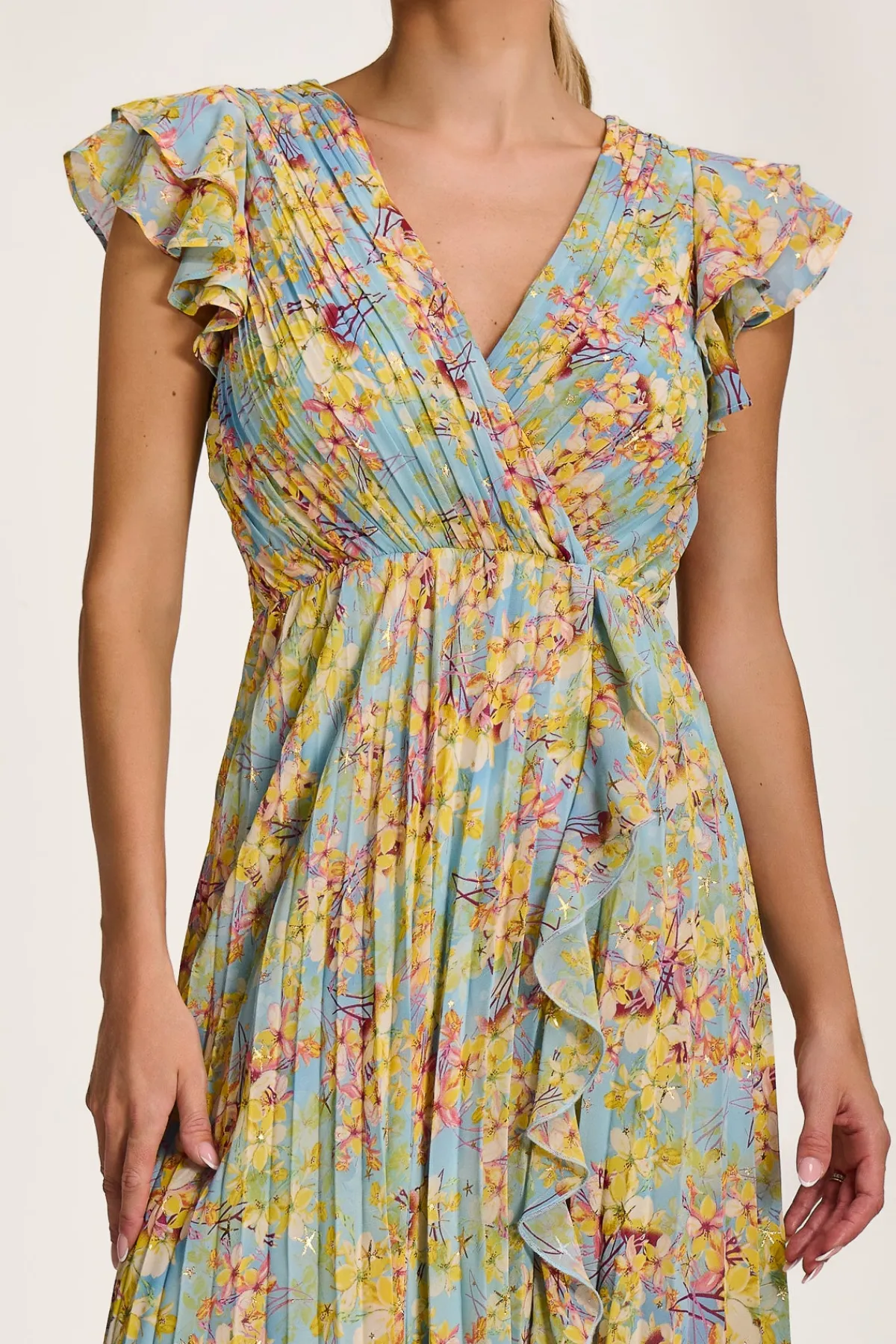 Jolie Moi Weekend Casuals|Maxi Dresses-Pleated Chiffon Dip Hem Maxi Dress, Yellow Floral