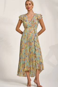 Jolie Moi Weekend Casuals|Maxi Dresses-Pleated Chiffon Dip Hem Maxi Dress, Yellow Floral