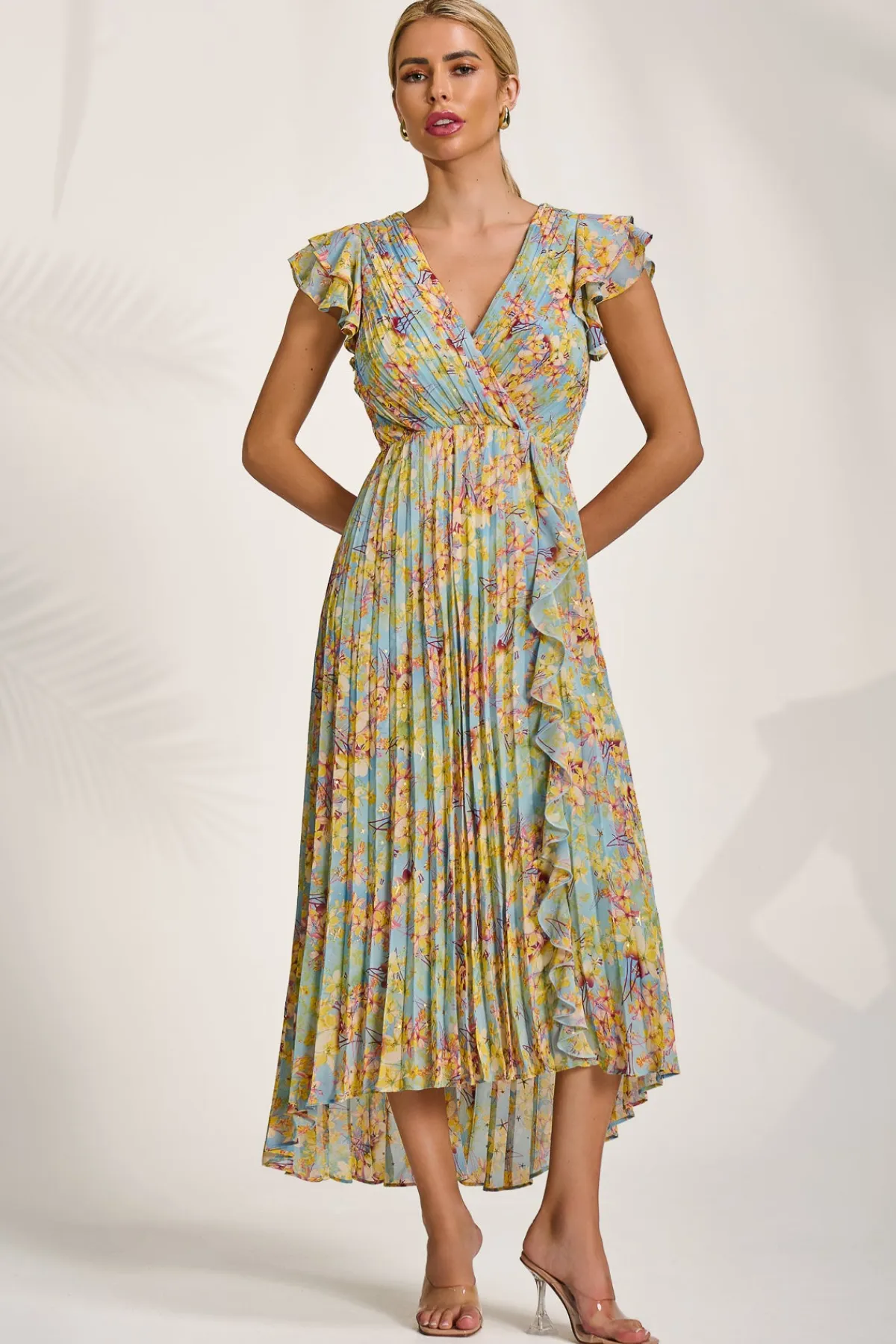 Jolie Moi Weekend Casuals|Maxi Dresses-Pleated Chiffon Dip Hem Maxi Dress, Yellow Floral