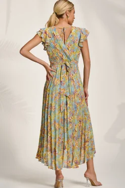 Jolie Moi Weekend Casuals|Maxi Dresses-Pleated Chiffon Dip Hem Maxi Dress, Yellow Floral