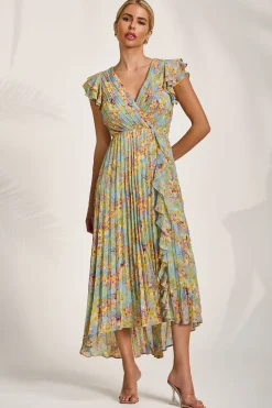 Jolie Moi Weekend Casuals|Maxi Dresses-Pleated Chiffon Dip Hem Maxi Dress, Yellow Floral