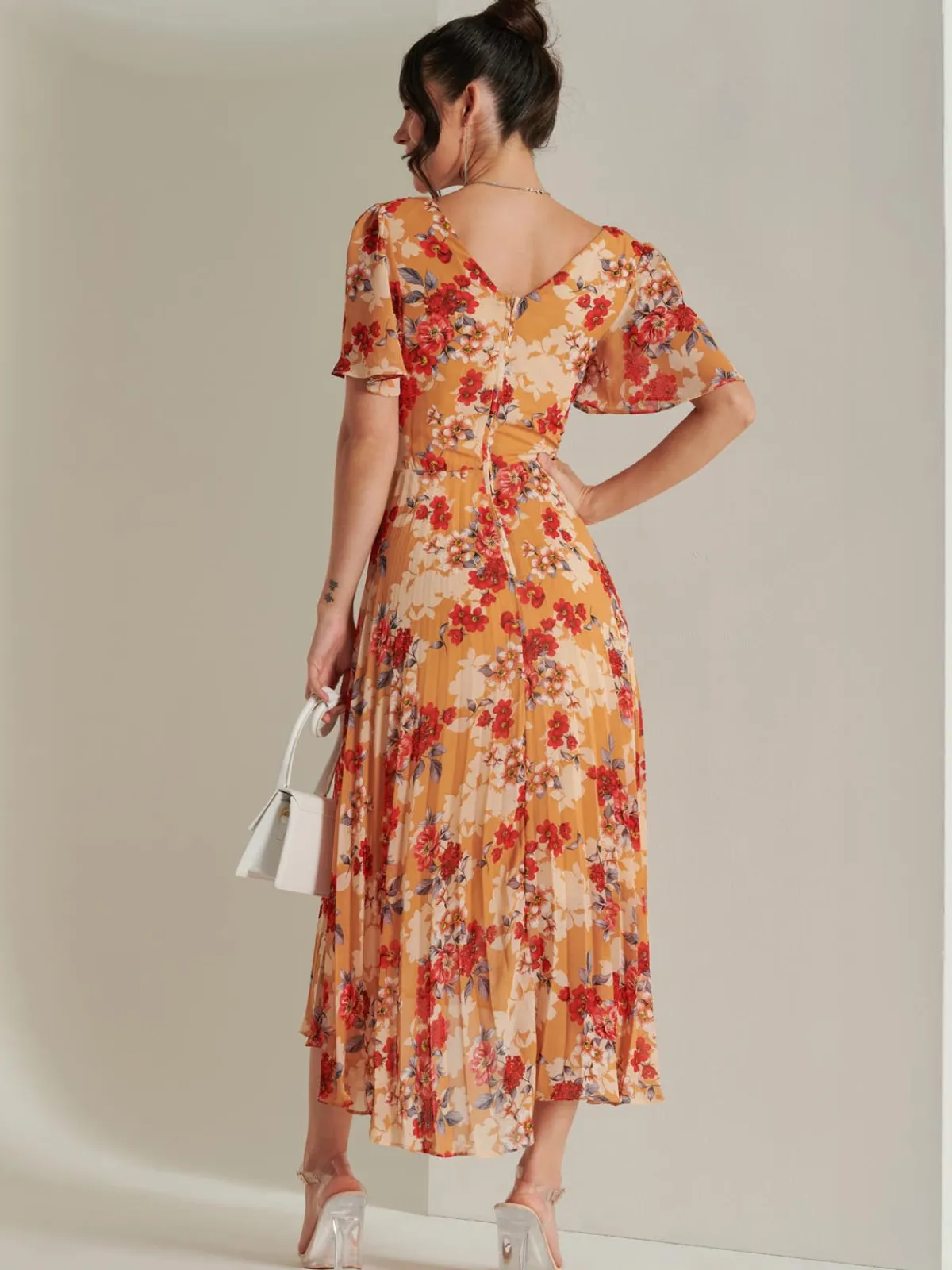 Jolie Moi Occasion Dresses|Floral Dresses-Pleated Chiffon High Low Maxi Dress, Red Floral