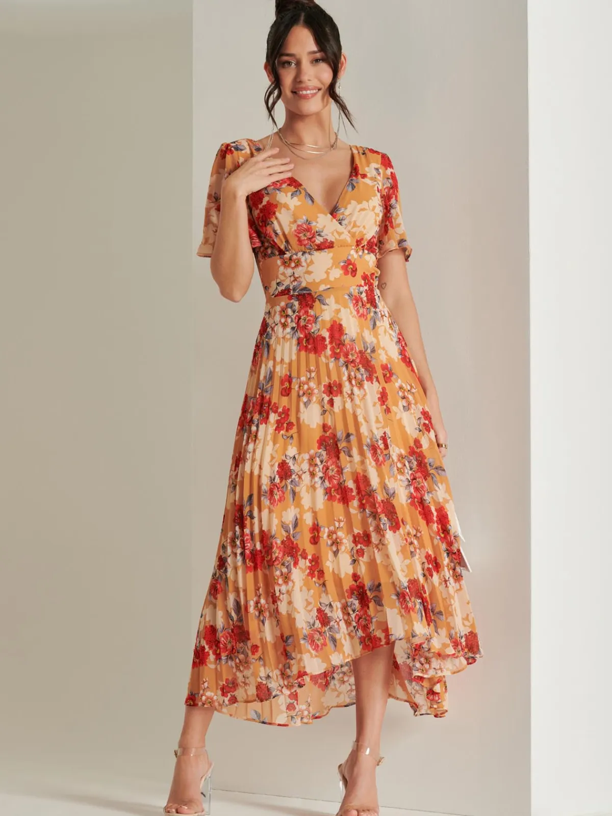 Jolie Moi Occasion Dresses|Floral Dresses-Pleated Chiffon High Low Maxi Dress, Red Floral