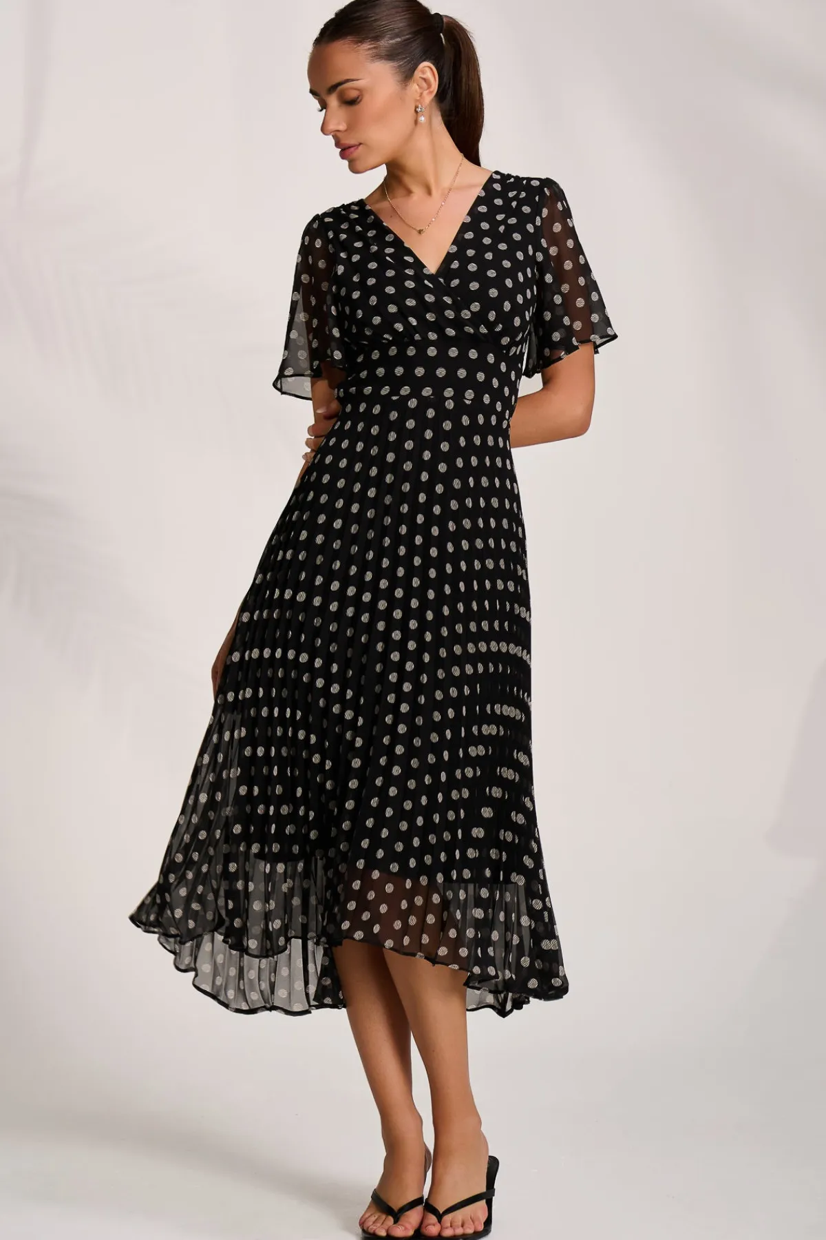 Jolie Moi Occasion Dresses|Weekend Casuals-Pleated Chiffon Maxi Dress, Black Spot