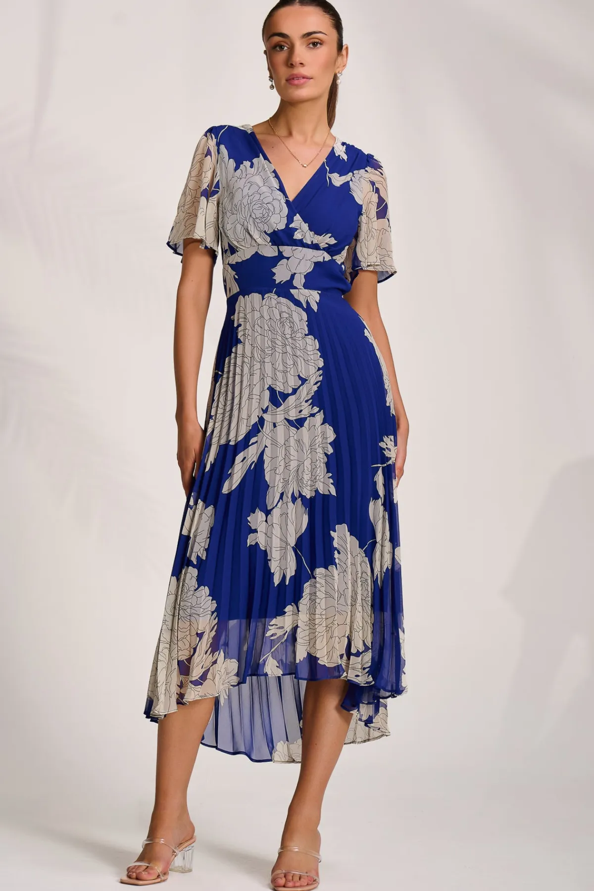 Jolie Moi Occasion Dresses|Party Dresses-Pleated Chiffon Maxi Dress, Royal Blue Floral