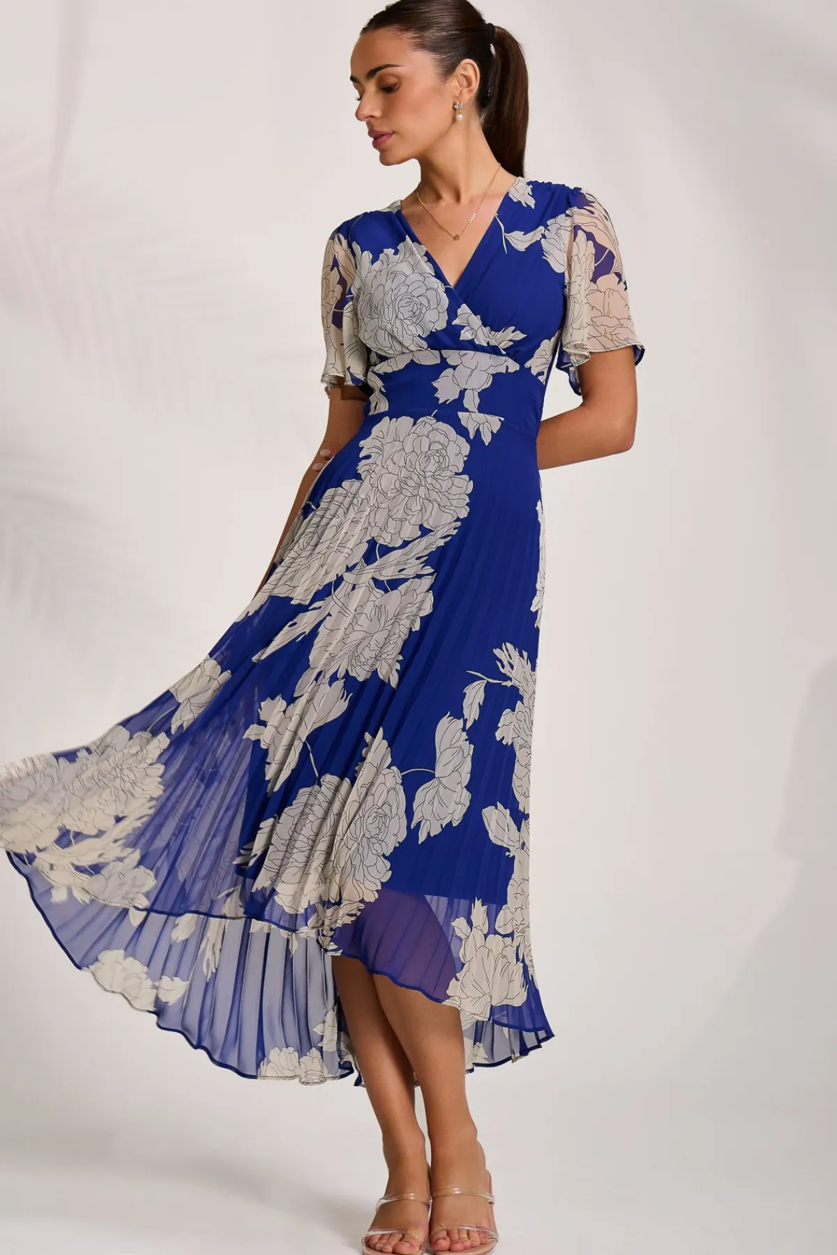 Jolie Moi Occasion Dresses|Party Dresses-Pleated Chiffon Maxi Dress, Royal Blue Floral