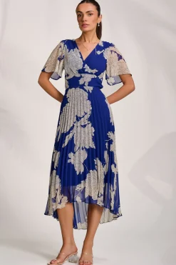 Jolie Moi Occasion Dresses|Party Dresses-Pleated Chiffon Maxi Dress, Royal Blue Floral
