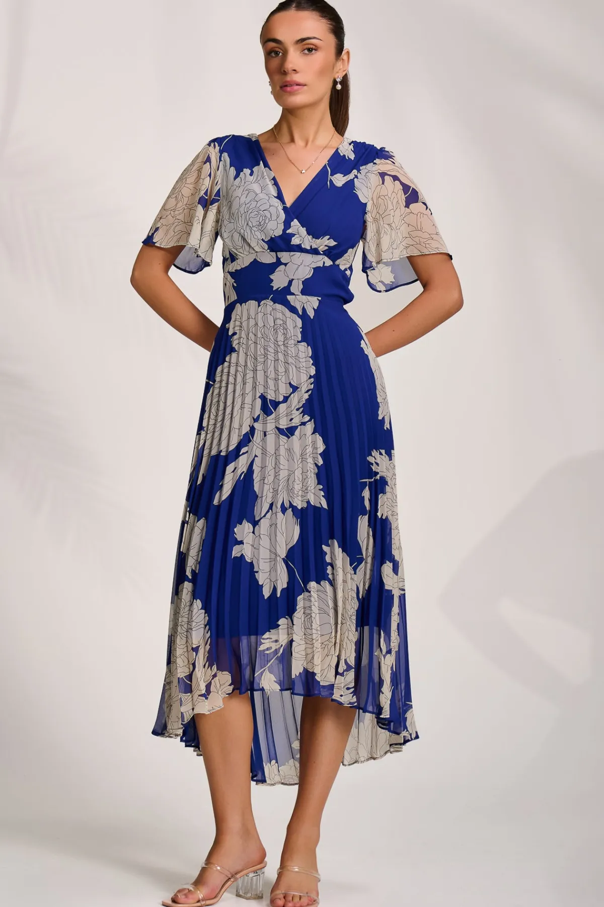 Jolie Moi Occasion Dresses|Party Dresses-Pleated Chiffon Maxi Dress, Royal Blue Floral