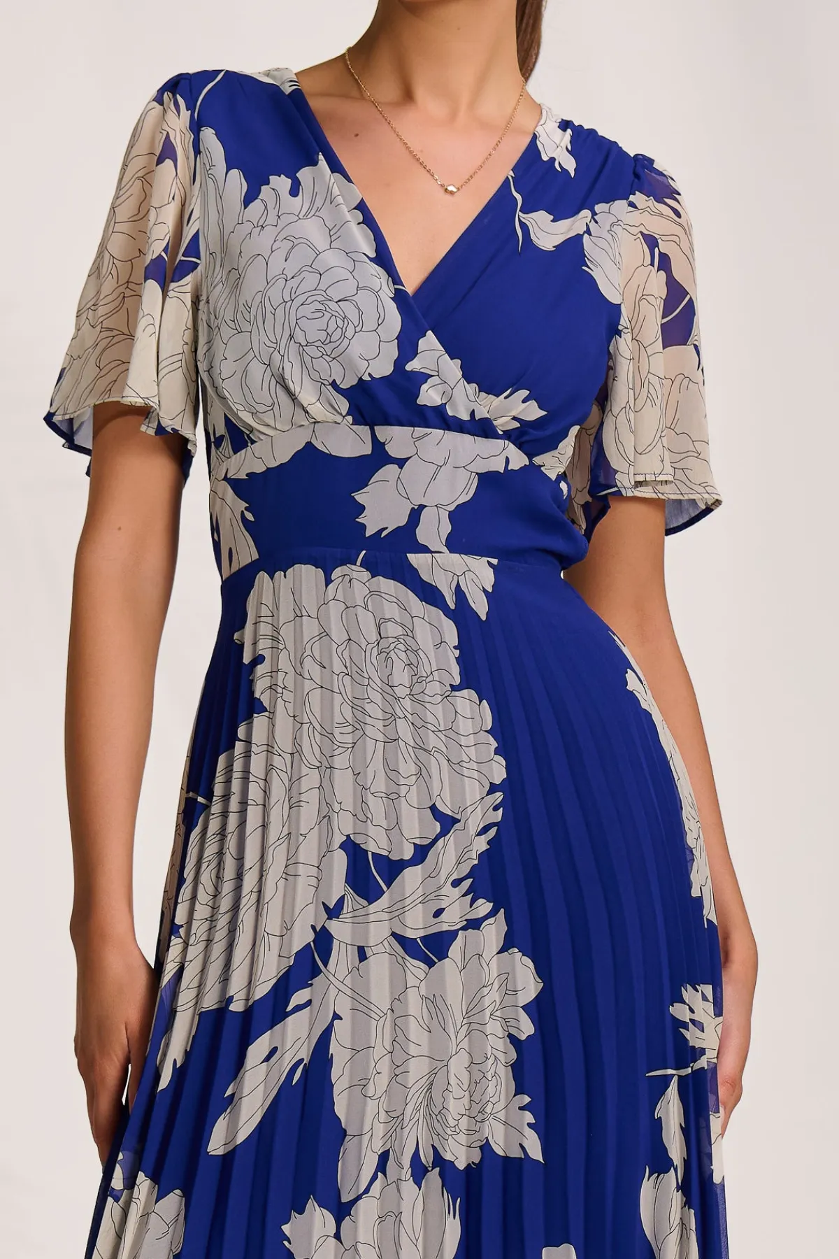 Jolie Moi Occasion Dresses|Party Dresses-Pleated Chiffon Maxi Dress, Royal Blue Floral