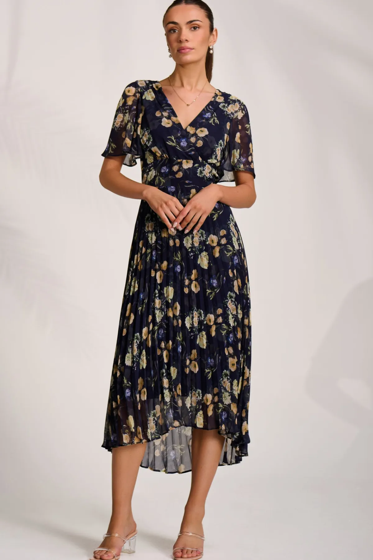 Jolie Moi Floral Dresses|Weekend Casuals-Pleated Chiffon Maxi Dress, Yellow Floral