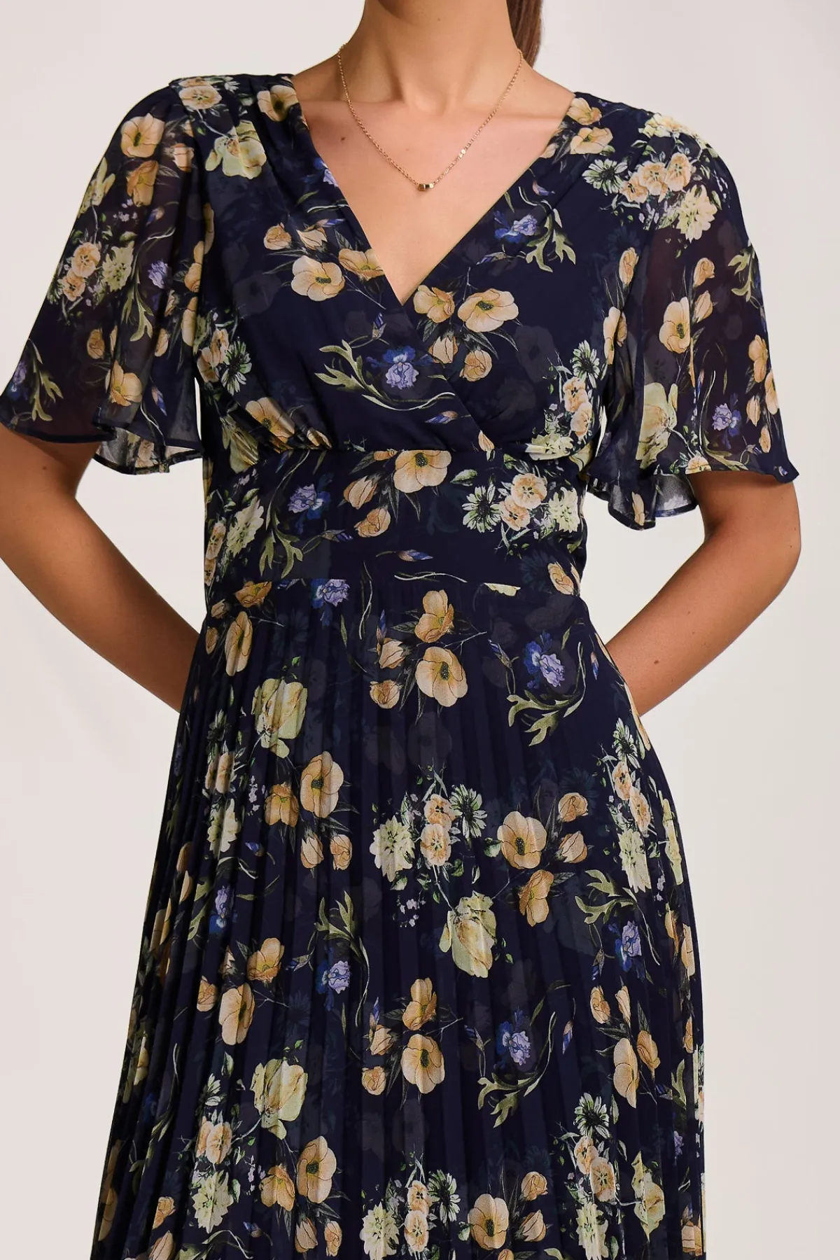 Jolie Moi Floral Dresses|Weekend Casuals-Pleated Chiffon Maxi Dress, Yellow Floral