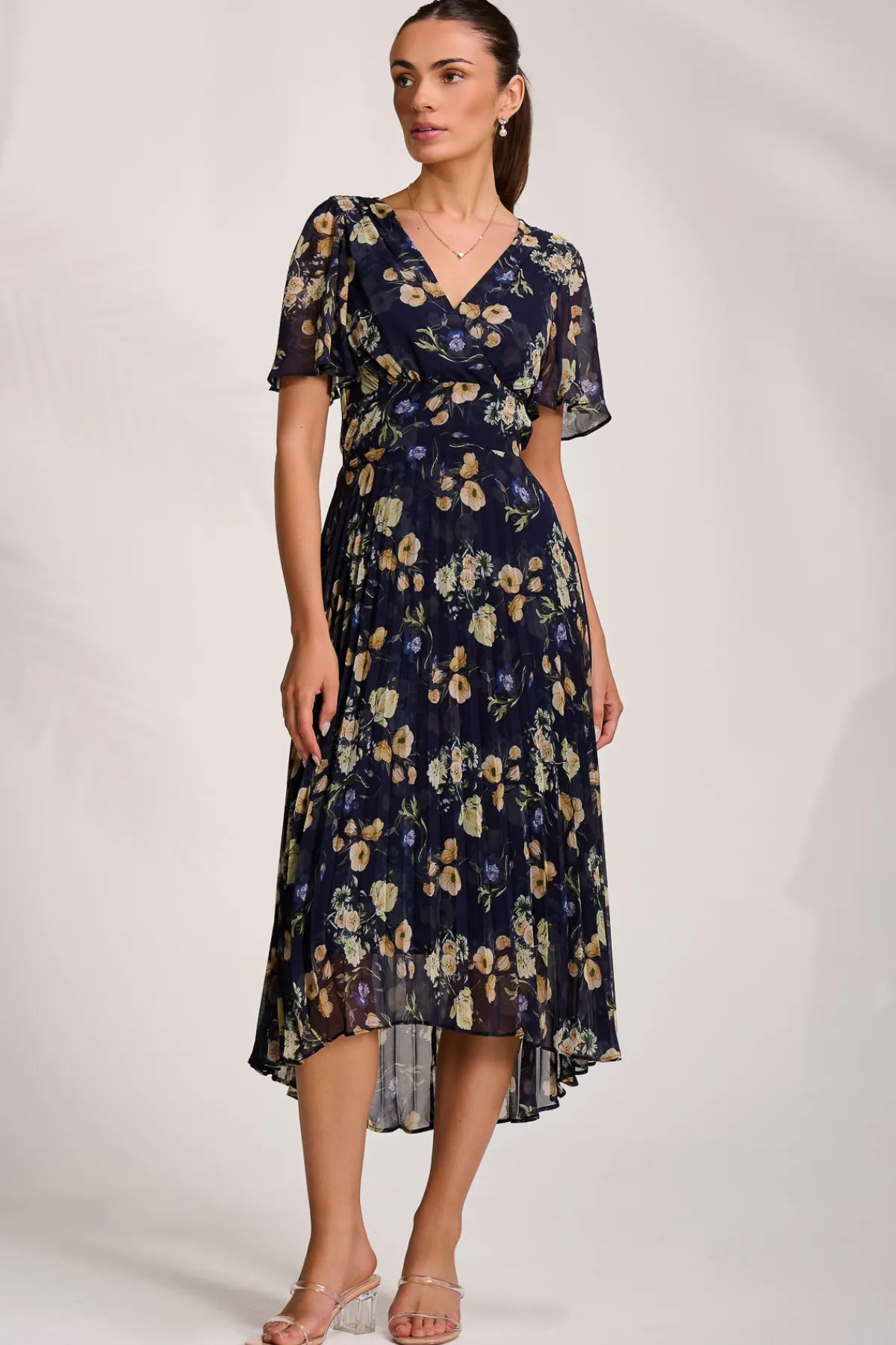 Jolie Moi Floral Dresses|Weekend Casuals-Pleated Chiffon Maxi Dress, Yellow Floral