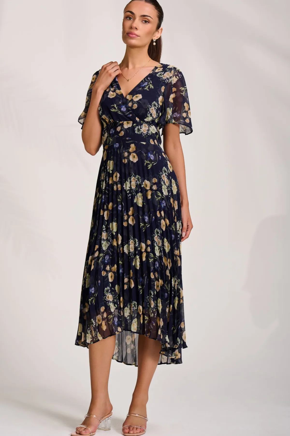 Jolie Moi Floral Dresses|Weekend Casuals-Pleated Chiffon Maxi Dress, Yellow Floral