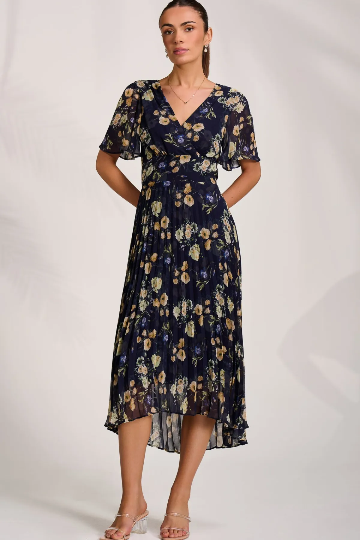 Jolie Moi Floral Dresses|Weekend Casuals-Pleated Chiffon Maxi Dress, Yellow Floral