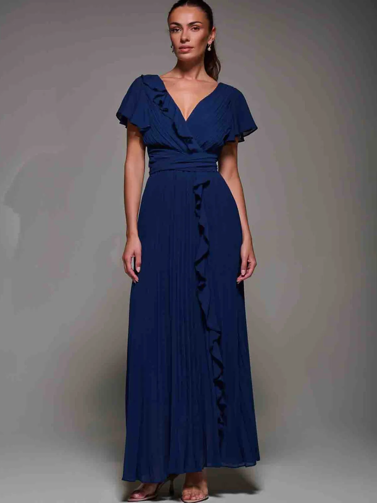 Jolie Moi Occasion Dresses|Wrap Dresses- Pleated Frill Detail Chiffon Maxi Dress Navy
