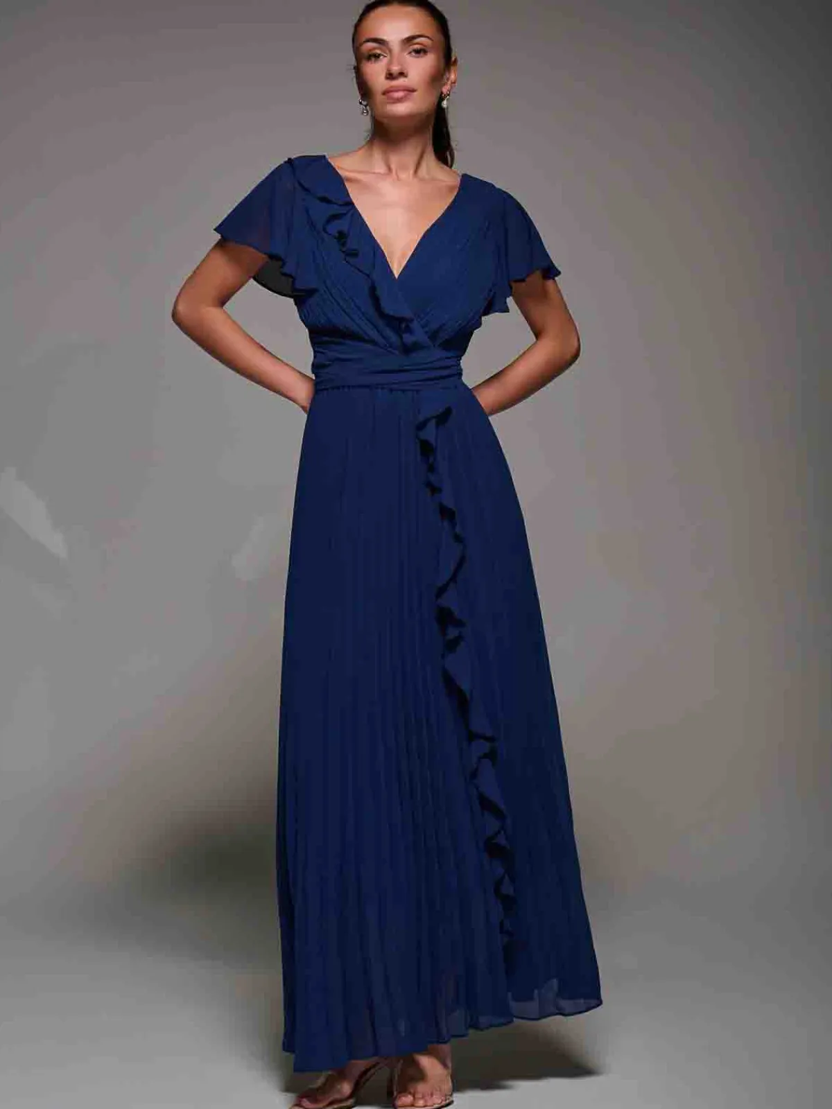 Jolie Moi Occasion Dresses|Wrap Dresses- Pleated Frill Detail Chiffon Maxi Dress Navy