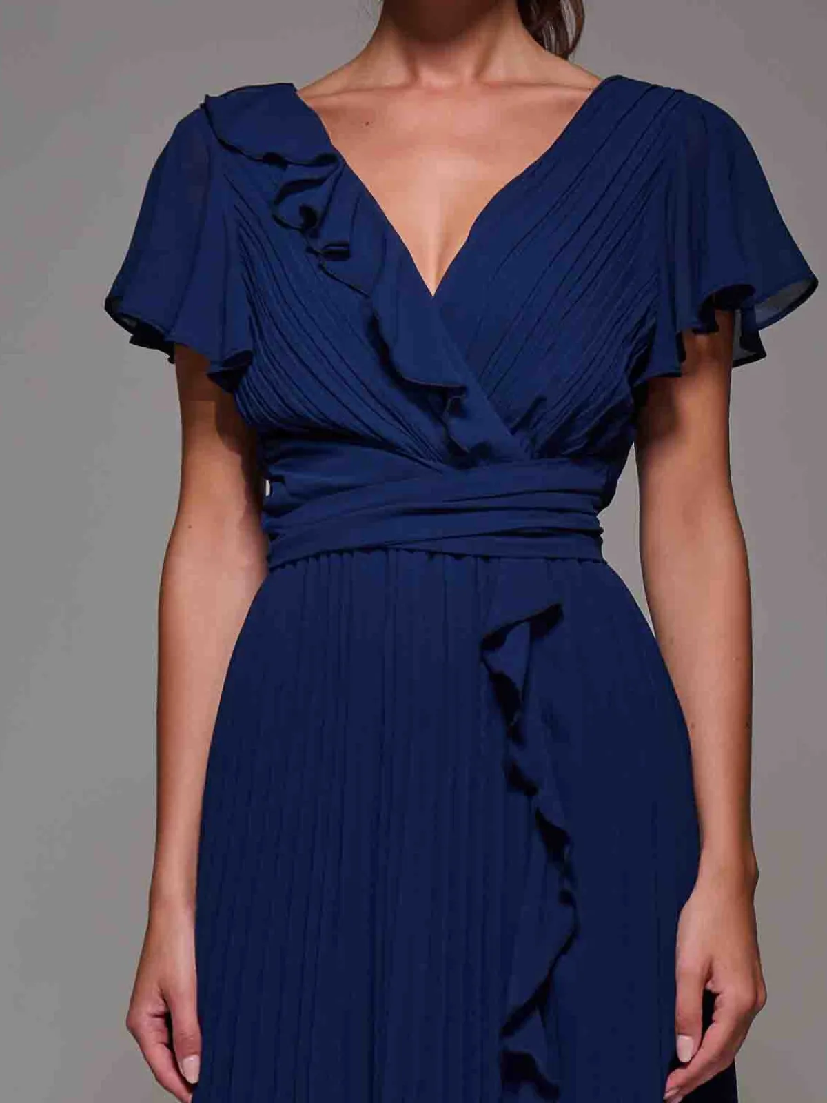 Jolie Moi Occasion Dresses|Wrap Dresses- Pleated Frill Detail Chiffon Maxi Dress Navy