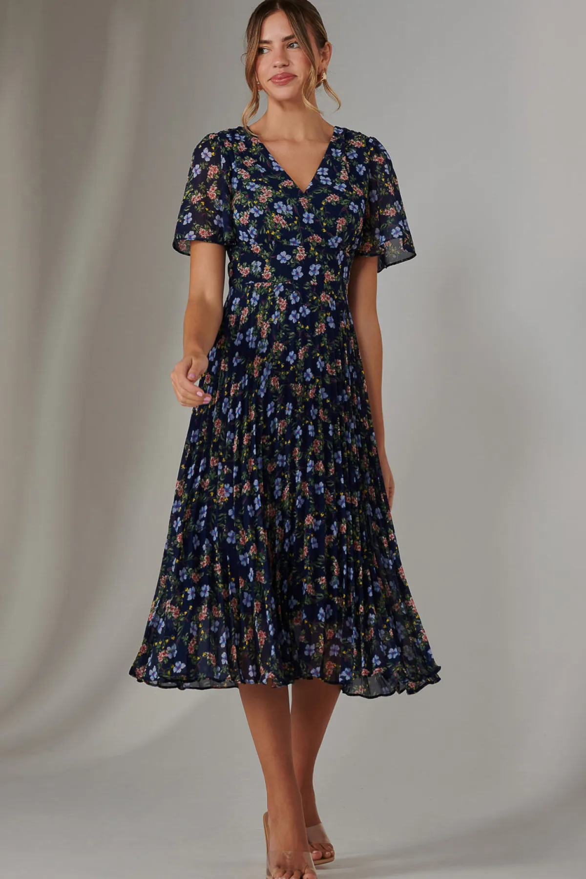 Jolie Moi Floral Dresses|Weekend Casuals-Pleated Midaxi Dress, Navy Blue Multi