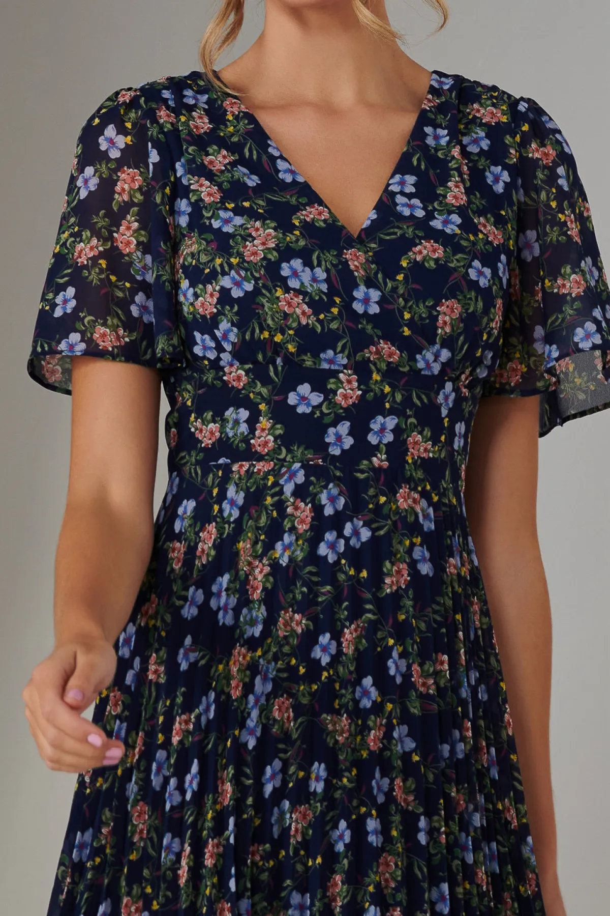 Jolie Moi Floral Dresses|Weekend Casuals-Pleated Midaxi Dress, Navy Blue Multi