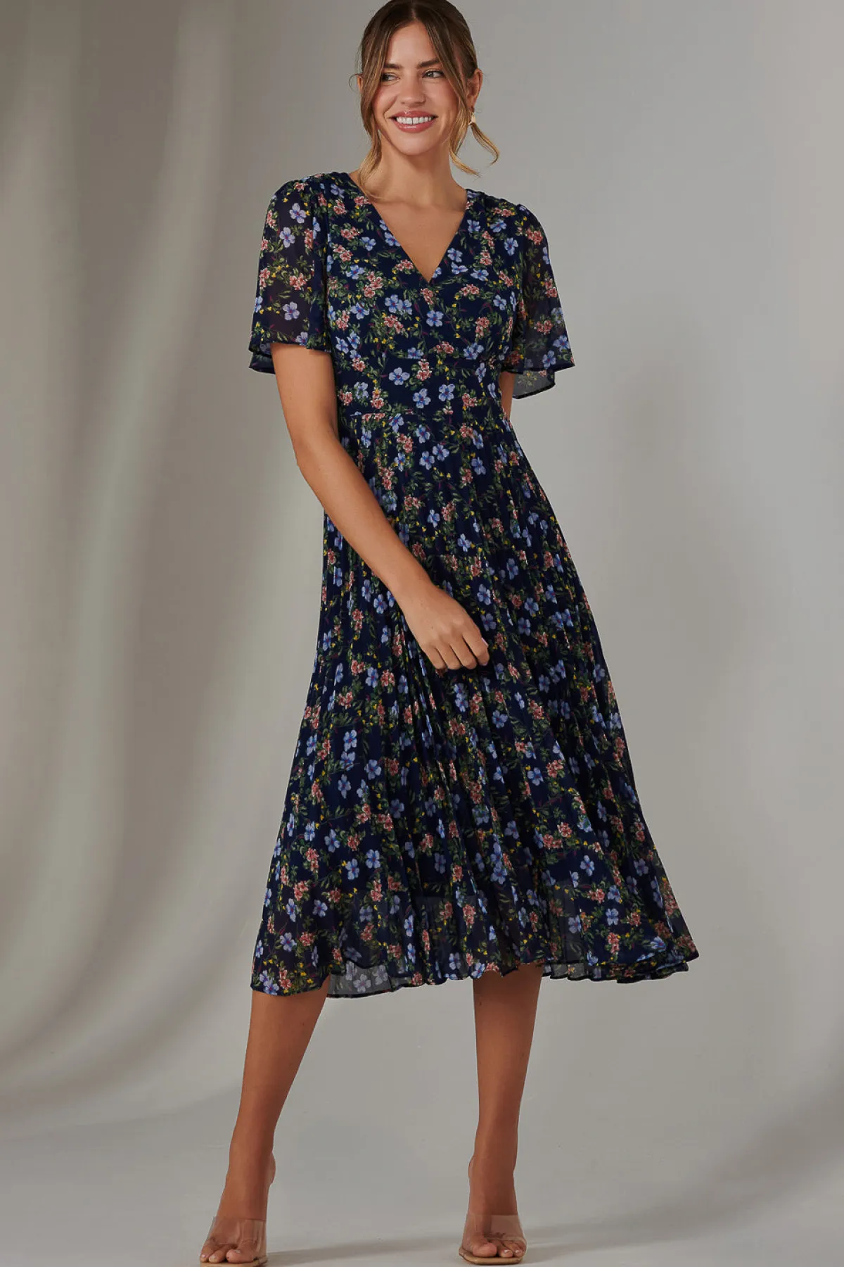 Jolie Moi Floral Dresses|Weekend Casuals-Pleated Midaxi Dress, Navy Blue Multi