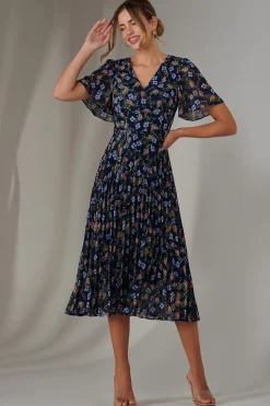 Jolie Moi Floral Dresses|Weekend Casuals-Pleated Midaxi Dress, Navy Blue Multi