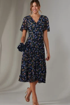 Jolie Moi Floral Dresses|Weekend Casuals-Pleated Midaxi Dress, Navy Blue Multi