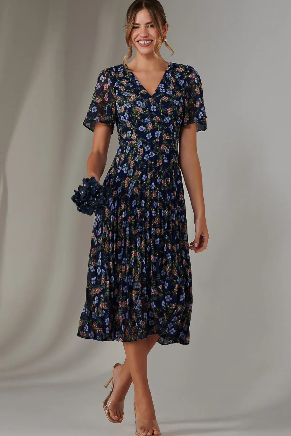Jolie Moi Floral Dresses|Weekend Casuals-Pleated Midaxi Dress, Navy Blue Multi