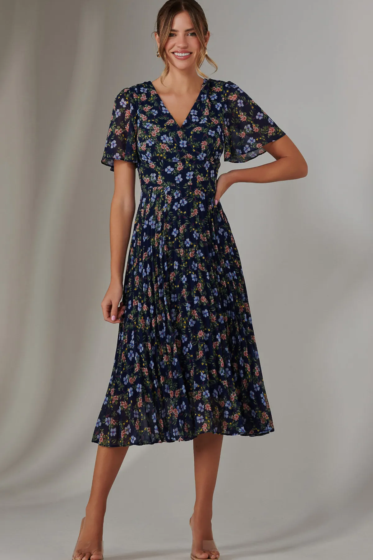 Jolie Moi Floral Dresses|Weekend Casuals-Pleated Midaxi Dress, Navy Blue Multi
