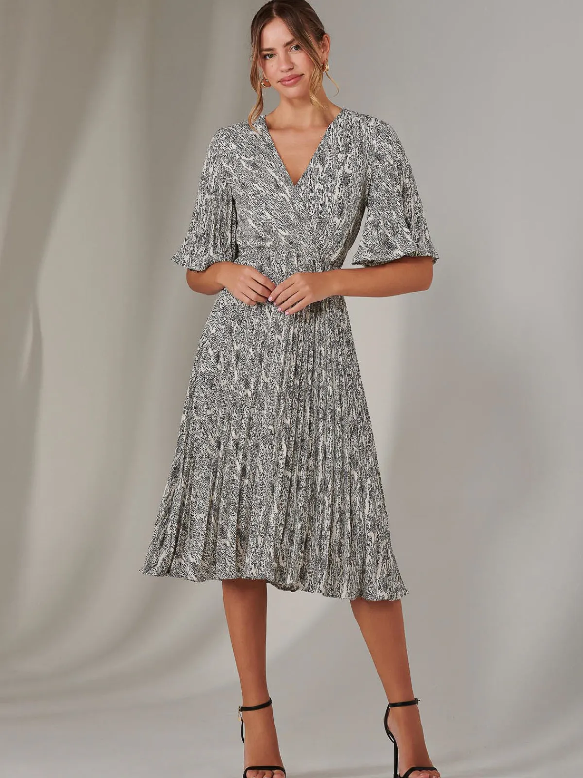 Jolie Moi Occasion Dresses|Office Dresses-Pleated Wrap Midi Dress, Cream/Black
