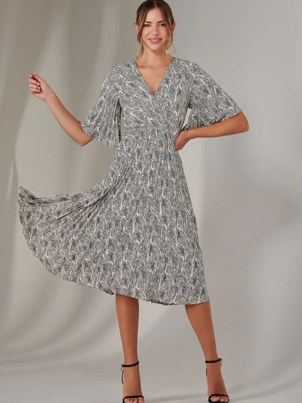 Jolie Moi Occasion Dresses|Office Dresses-Pleated Wrap Midi Dress, Cream/Black