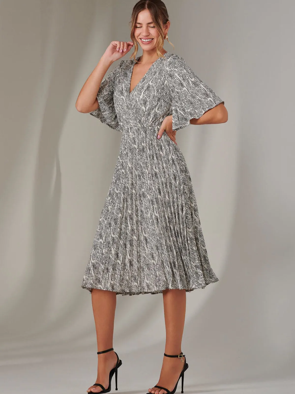 Jolie Moi Occasion Dresses|Office Dresses-Pleated Wrap Midi Dress, Cream/Black