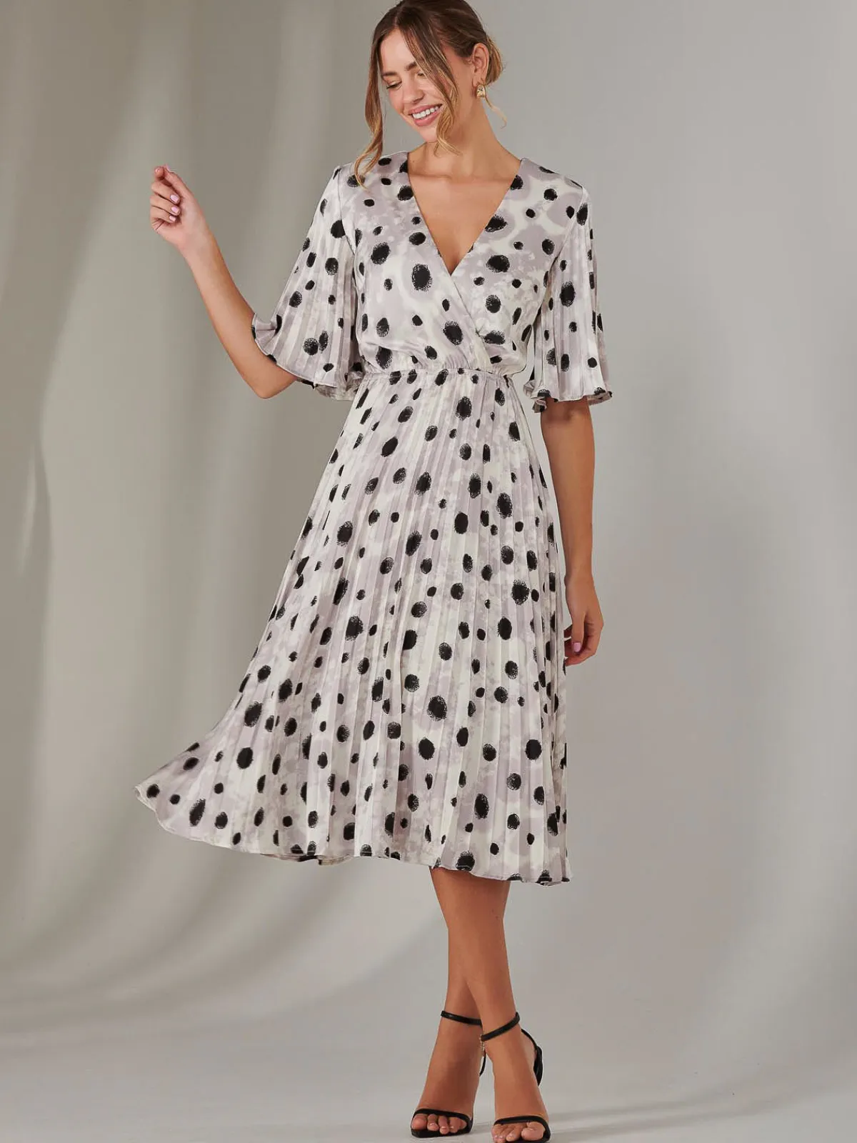 Jolie Moi Occasion Dresses|Midi Dresses-Pleated Wrap Midi Dress, White Polka Dot