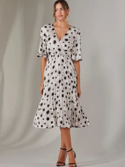 Jolie Moi Occasion Dresses|Midi Dresses-Pleated Wrap Midi Dress, White Polka Dot