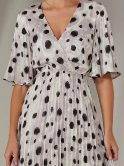Jolie Moi Occasion Dresses|Midi Dresses-Pleated Wrap Midi Dress, White Polka Dot