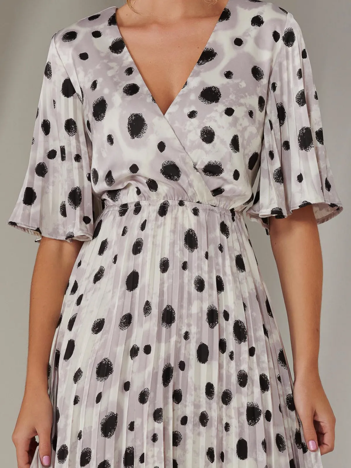 Jolie Moi Occasion Dresses|Midi Dresses-Pleated Wrap Midi Dress, White Polka Dot