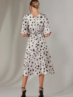 Jolie Moi Occasion Dresses|Midi Dresses-Pleated Wrap Midi Dress, White Polka Dot