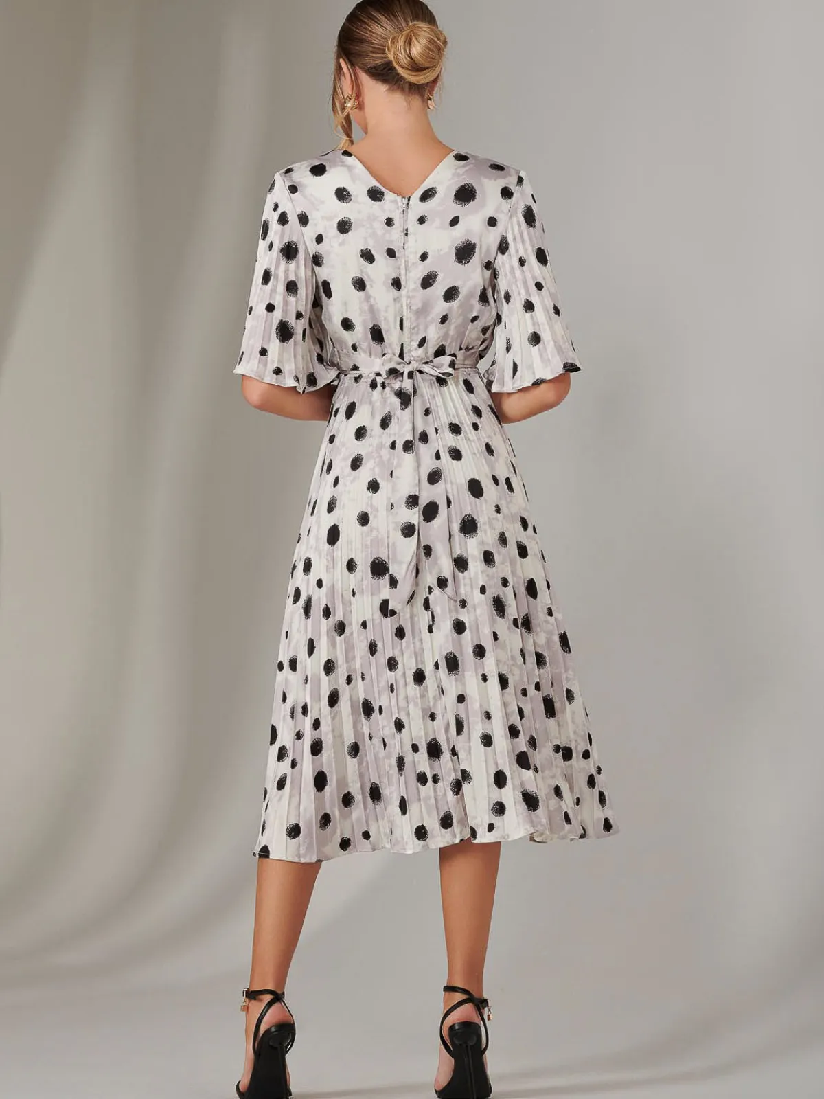 Jolie Moi Occasion Dresses|Midi Dresses-Pleated Wrap Midi Dress, White Polka Dot