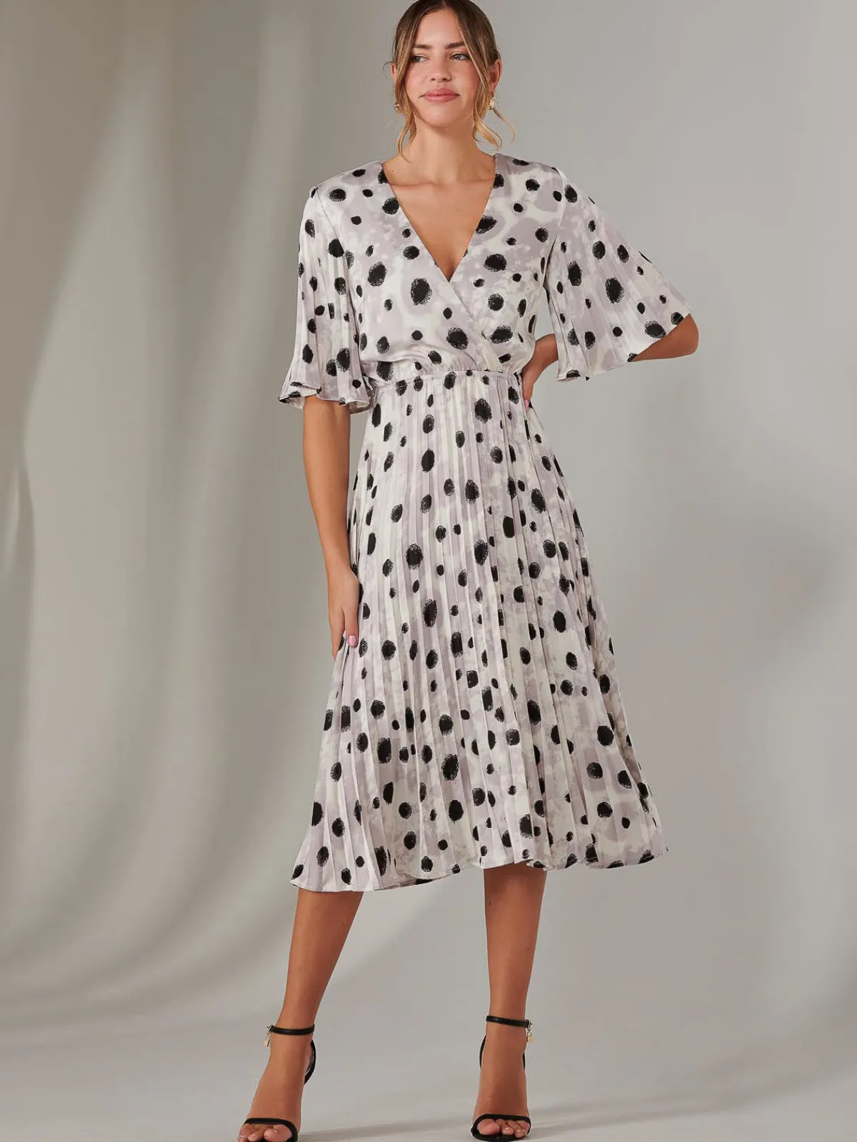 Jolie Moi Occasion Dresses|Midi Dresses-Pleated Wrap Midi Dress, White Polka Dot