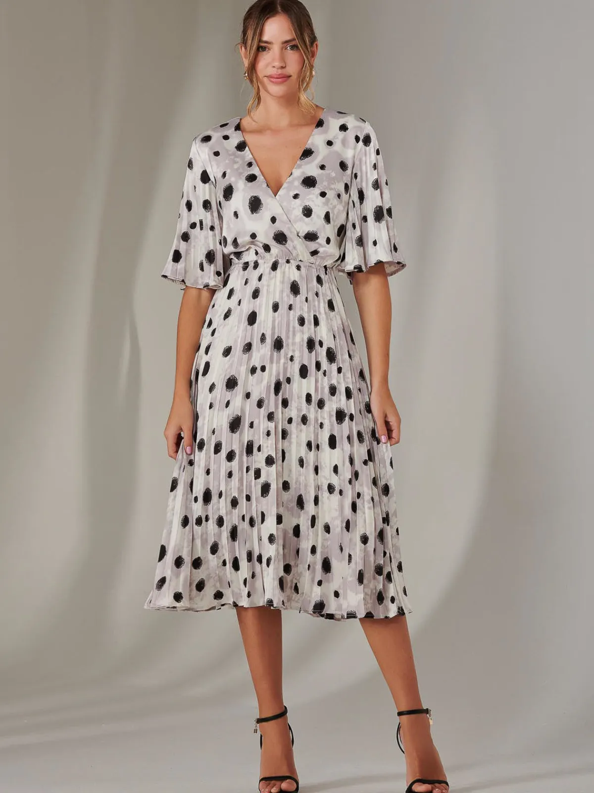 Jolie Moi Occasion Dresses|Midi Dresses-Pleated Wrap Midi Dress, White Polka Dot