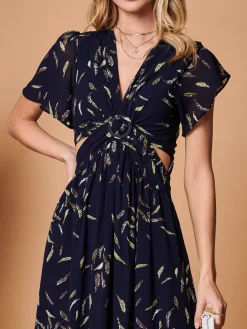 Jolie Moi Maxi Dresses-Plunge Neckline Keyhole Chiffon Maxi Dress, Navy Feather