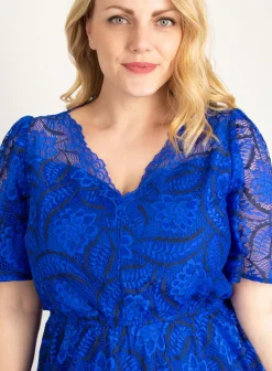Jolie Moi Occasion Dresses|Mother Of The Bride-Plus Size Flare Sleeve Belted Lace Dress, Royal Blue