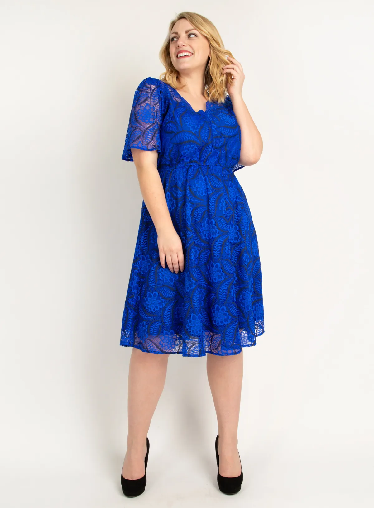 Jolie Moi Occasion Dresses|Mother Of The Bride-Plus Size Flare Sleeve Belted Lace Dress, Royal Blue
