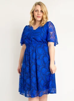 Jolie Moi Occasion Dresses|Mother Of The Bride-Plus Size Flare Sleeve Belted Lace Dress, Royal Blue