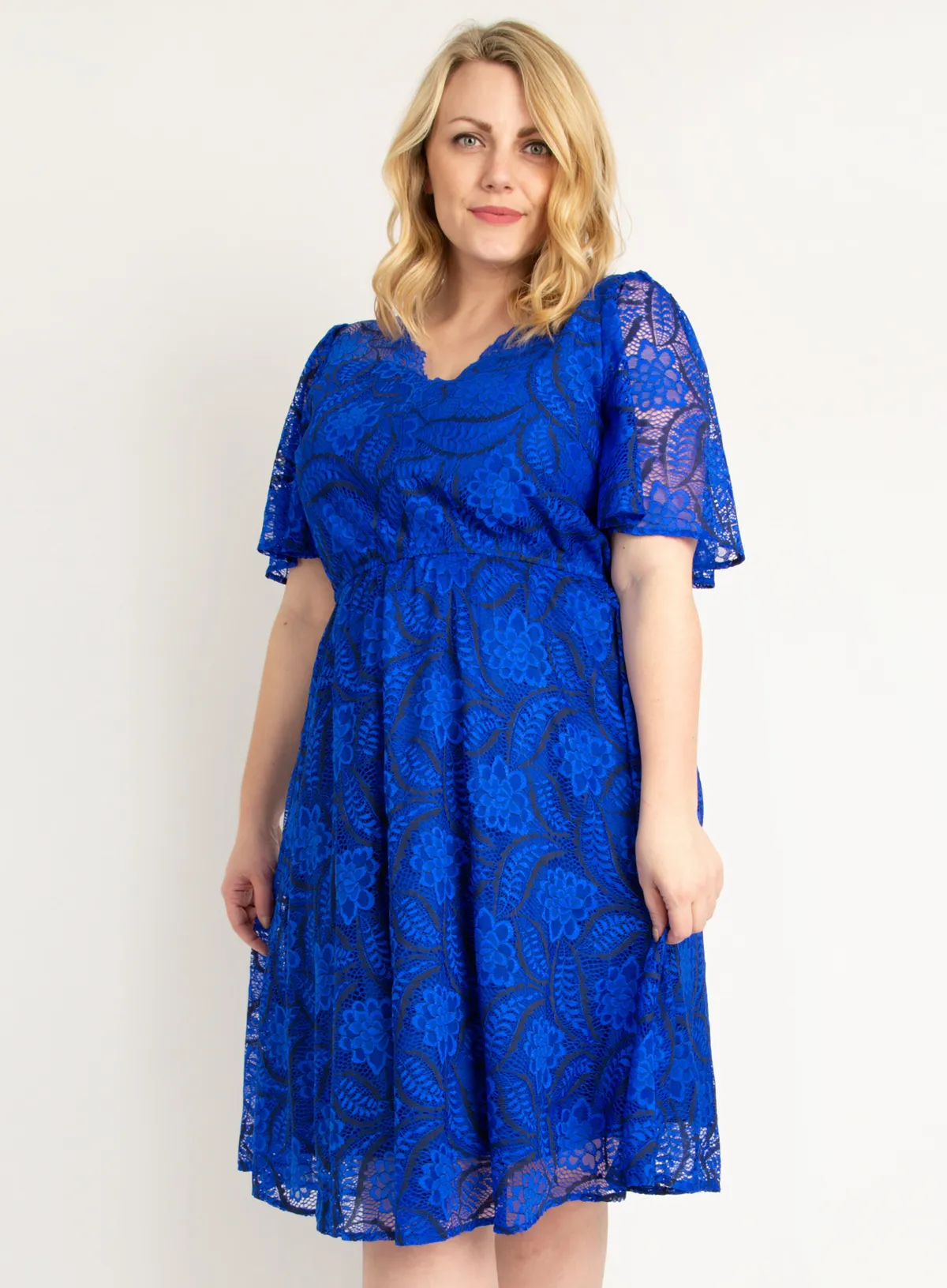 Jolie Moi Occasion Dresses|Mother Of The Bride-Plus Size Flare Sleeve Belted Lace Dress, Royal Blue